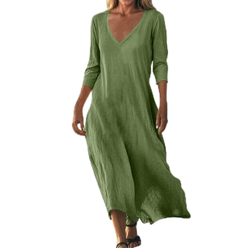 Leinenkleid Damen Sommer Musselin Kleid Luftige Sommerkleider Sommerkleid Midi Maxikleid Leinenkleider Musselin kleider damen sommer maxi kleid grosse grössen langes kleid v ausschnitt AOC125 von Generisch