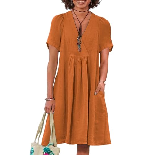 Leinenkleid Damen Sommerkleid Damen Große Größen Sommer Baumwolle Freizeit Kurzarm V-Ausschnitt Casual Strandkleid Elegant Vintage Klappkleid Einfarbig Mode Loose Lässiges Freizeitkleid XXL Orange von Generisch