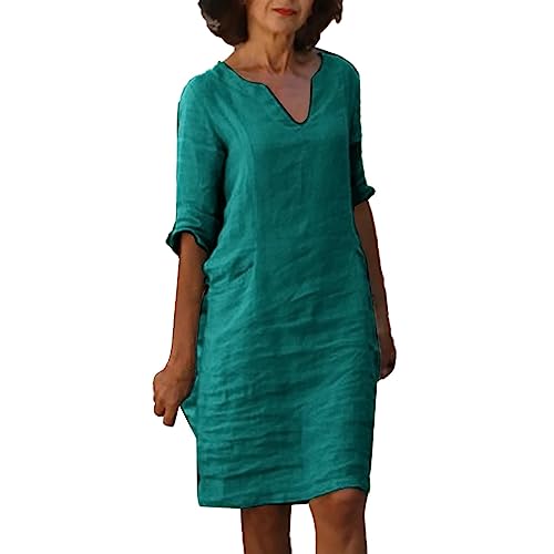Leinenkleid Sommerkleid Damen Knielang Leinenkleider Damen Sommer V-Ausschnitt Leinenkleider Baumwolle Leinen Blusenkleid Casual Drucken Freizeitkleid Strandkleider Luftige Leinen (01-Green, M) von Generisch