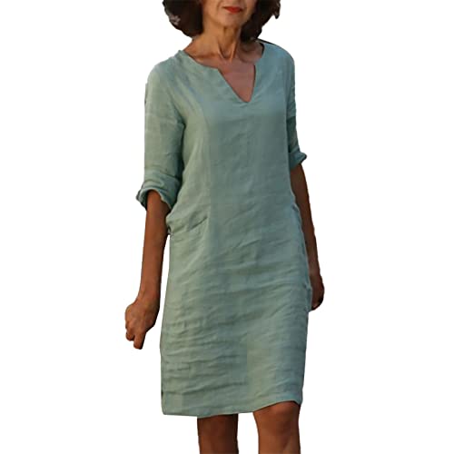 Leinenkleid Sommerkleid Damen Knielang Leinenkleider Damen Sommer V-Ausschnitt Leinenkleider Baumwolle Leinen Blusenkleid Casual Drucken Freizeitkleid Strandkleider Luftige Leinen (01-Mint Green, M) von Generisch