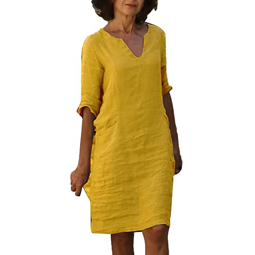 Leinenkleid Sommerkleid Damen Knielang Leinenkleider Damen Sommer V-Ausschnitt Leinenkleider Baumwolle Leinen Blusenkleid Casual Drucken Freizeitkleid Strandkleider Luftige Leinen (01-Yellow, XL) von Generisch