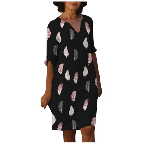 Leinenkleid Sommerkleid Damen Knielang Leinenkleider Damen Sommer V-Ausschnitt Leinenkleider Baumwolle Leinen Blusenkleid Casual Drucken Freizeitkleid Strandkleider Luftige Leinen (03-Black, XL) von Generisch