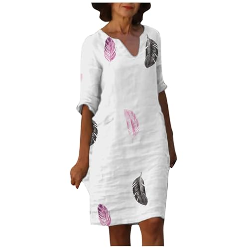Leinenkleid Sommerkleid Damen Knielang Leinenkleider Damen Sommer V-Ausschnitt Leinenkleider Baumwolle Leinen Blusenkleid Casual Drucken Freizeitkleid Strandkleider Luftige Leinen (03-White, M) von Generisch
