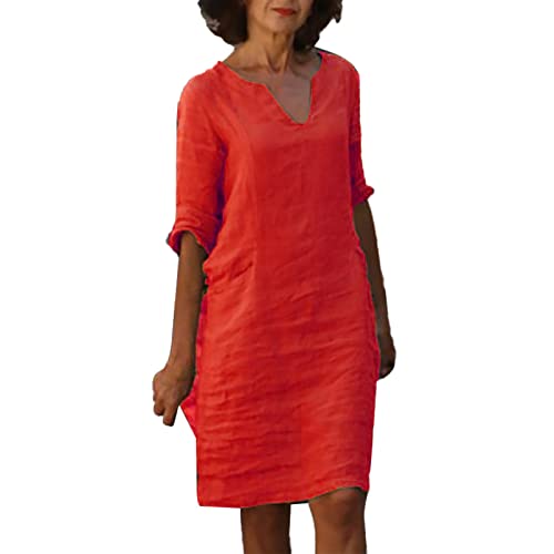 Leinenkleid Sommerkleid Damen Knielang Leinenkleider Damen Sommer V-Ausschnitt Leinenkleider Baumwolle Leinen Blusenkleid Casual Drucken Freizeitkleid Strandkleider Luftige Leinen Kleidung (01-Red, L) von Generisch