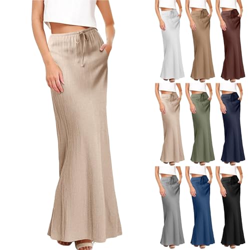 Leinenrock Damen Midi - Bleistiftrock Damen Lang Elegant Einfarbige Waschbare Halb-Skirt Hohe Taille Mit Kordelzug Strandrock Elastischer Taillen Freizeitrock Tellerrock Swing Midi Rock Yogarock von Generisch