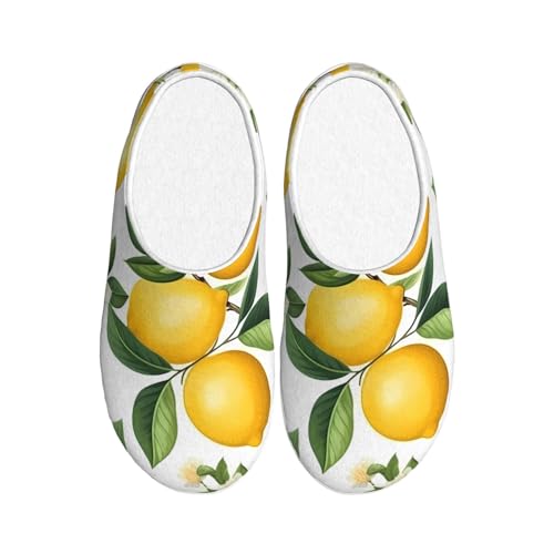 Lemon Floral Leaves Damen Hausschuhe Flanell Haus Pantoffeln für Männer Obst Blume rutschfeste Warme Winterschuhe für Indoor Outdoor, mehrfarbig, X-Small Men/ Large Women von Generisch