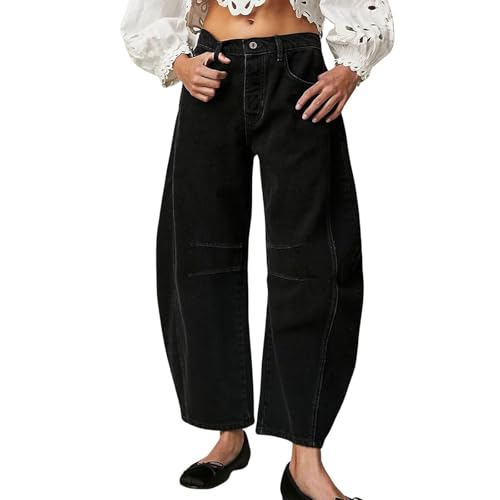 Leopard Barrel Jeans Damen, Baggy Barrel Jeans Casual Boyfriend Mid Rise Leopard Wide Leg Denim Ankle Pants, Schwarz , L von Generisch