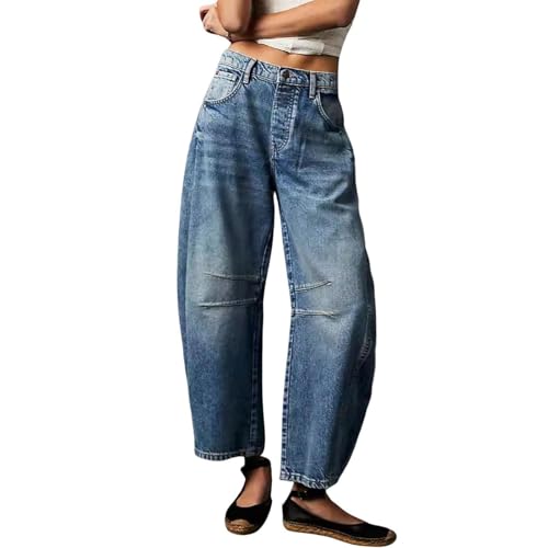 Leopard Barrel Jeans Damen, Baggy Barrel Jeans Casual Boyfriend Mid Rise Leopard Wide Leg Denim Ankle Pants, blau, S von Generisch