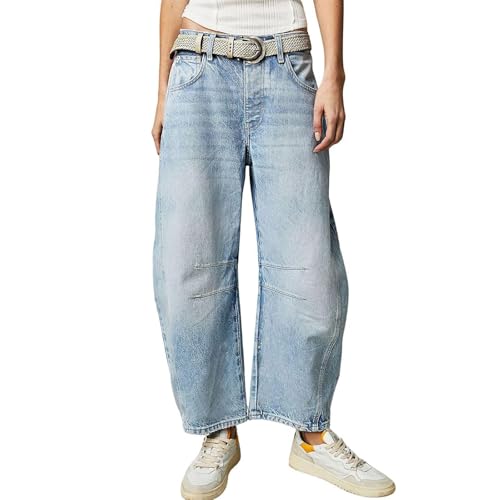 Leopard Barrel Jeans Damen, Baggy Barrel Jeans Casual Boyfriend Mid Rise Leopard Wide Leg Denim Ankle Pants, hellblau, S von Generisch