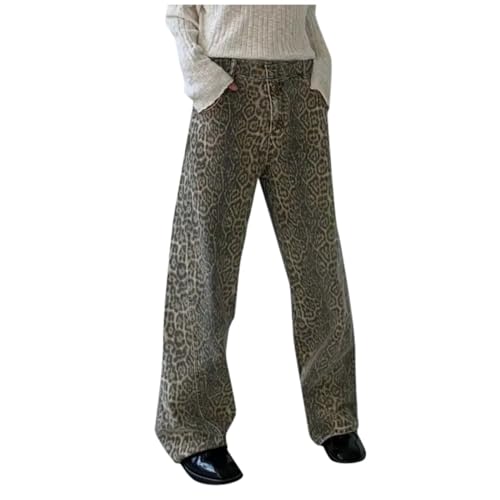 Leopardenhose,Hellbraune Leopardenhose,Jeans Damen Baggy,Weitem Bein Leopard Pants,Baggy Leoparden Leopard Print Straight Taille Jeanshose,Leopard Pants,Donna Hose Y2 k Baggy Boyfriend (Khaki-D, M) von Generisch