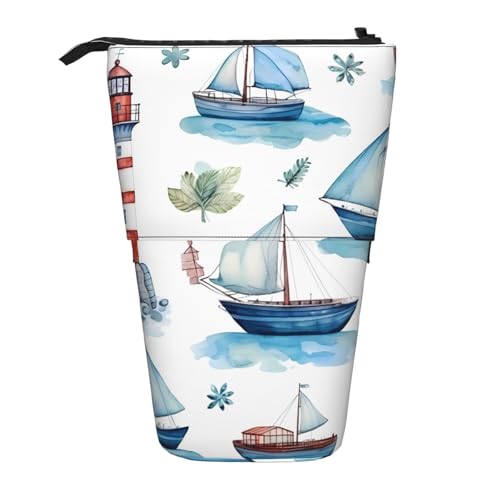 Leuchtturm Segelboot Stehendes Federmäppchen nautisches Meer Stifteetui Halter Teleskop-Bleistifttasche Pop-Up-Kosmetiktasche Schreibwaren-Organizer für Schule, Büro, Reisen von Generisch