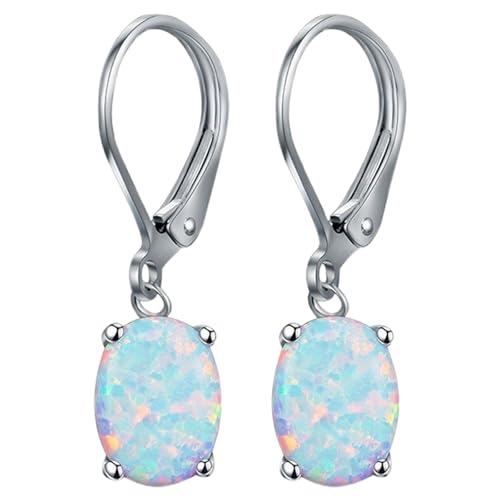 Leverback Opal Dangle Drop Earrings For Women Girls Gold Plated Teardrop Earrings Women Birthday Jewellery Oval Dangle Leverback Earrings Dreier Set Ohrringe (Silver, One Size) von Generisch