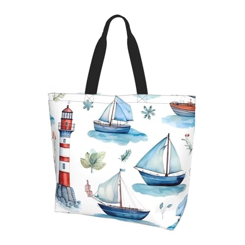 Lighthouse Segelboot Tote Bag Damen Schulterhandtaschen Nautische Meer Einkaufstaschen Wasserabweisend Große Handtasche mit Innentasche für Arbeit Reise Schule von Generisch