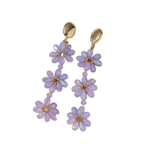 Lila 3 Blumen Perlen Lange Quasten Ohrringe, Sommer Statement Boho Perlen Lange Fransen Tropfen Baumeln Kronleuchter Ohrringe für Frauen Sommer Urlaub Schmuck von Generisch
