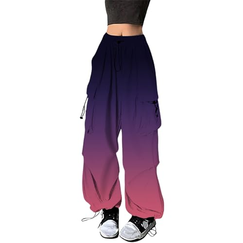 Lila Hose Cargohose Damen Baggy High Waist Y2K Fallschirm Hose Vintage Parachute Pants Hip Hop Freizeithose Klamotten Teenager Mädchen 90Er E-Girl Streetwear Frauen Cargo Hosen Mit Taschen von Generisch