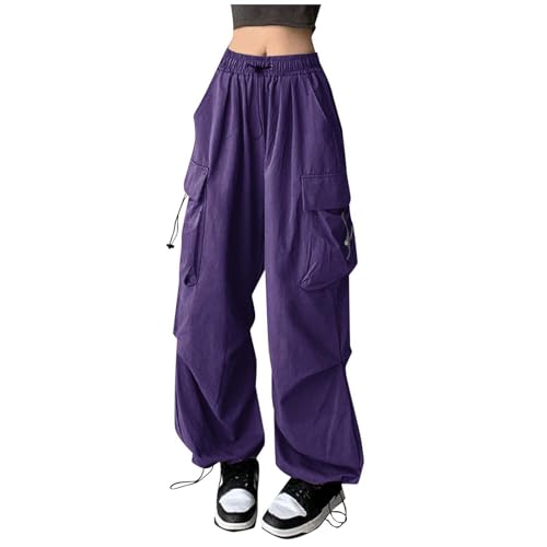 Lila Hose Damen Cargohose Damen Baggy High Waist Y2K Fallschirm Hose Vintage Parachute Pants Hip Hop Freizeithose Klamotten Teenager Mädchen 90Er E-Girl Streetwear Frauen Cargo Hosen Mit Taschen von Generisch