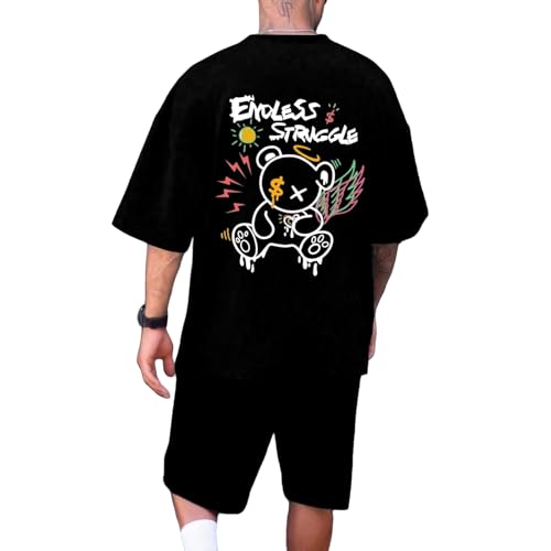 Lila Jogginganzug Herren Baumwolle Kurzarm y2k Backprint Tshirt + Kurz Hose Set Männer Sommer Zweiteiler Freizeitanzüge Sportanzug Oversized Locker Casual Trainingsanzug Tracksuit Hausanzug Activewear von Generisch