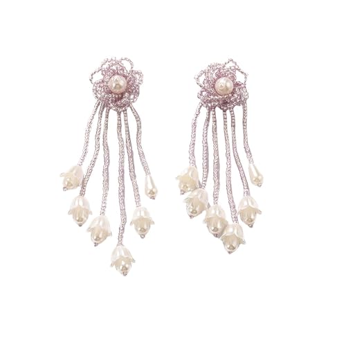 Lila Lange Perlen Quasten Blumen Ohrringe, Sommer Boho Blumen Ohrhänger Tropfen Ohrstecker Statement Hochzeit Party Schmuck Oder Frauen und Mädchen von Generisch