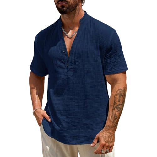Leinenhemd Herren Kurzarm Leinen Henley Button Down Hemd Regular Fit Freizeithemd Sommer Casual Beach Shirts Männer Leinen Hemd Leicht Strand Urlaub Sommerhemd Tops, T-Shirts & Hemden A Navy L von Generisch