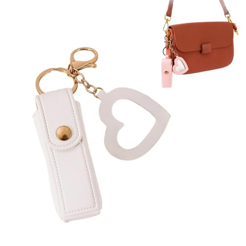 Lip Oil Keychain - Mirror & Oil 2-in-1 Holder, Compact PU Leather Lipstick Case with Heart Mirror, Lip Gloss Keychain for Purse or Bag (A-White) von Generisch