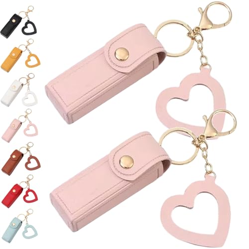 Lippenöl-Schlüsselanhänger – Spiegel & Öl 2-in-1, Mini-Lippenstift-Etui mit Schlüsselanhänger und Herz-Anhänger, Damen-Lippenstift-Organizer-Halter mit Spiegel, PU-Leder, für Reisen, Party von Generisch
