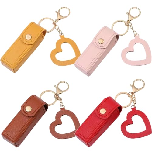 Lippenöl-Schlüsselanhänger – Spiegel & Öl 2-in-1, Mini-Lippenstift-Etui mit Schlüsselanhänger und Herz-Anhänger, Damen-Lippenstift-Organizer-Halter mit Spiegel, PU-Leder, für Reisen, Party von Generisch