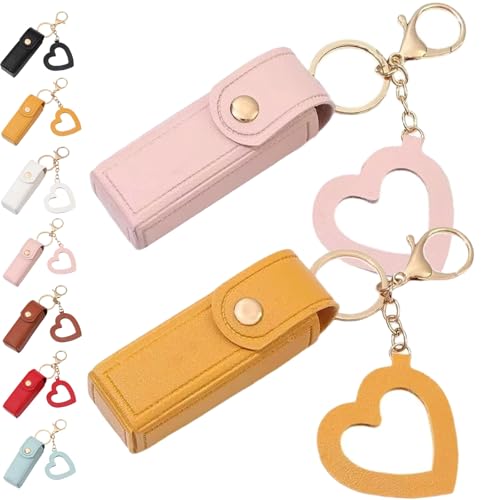 Lippenöl-Schlüsselanhänger – Spiegel & Öl 2-in-1, Mini-Lippenstift-Etui mit Schlüsselanhänger und Herz-Anhänger, Damen-Lippenstift-Organizer-Halter mit Spiegel, PU-Leder, für Reisen, Party von Generisch