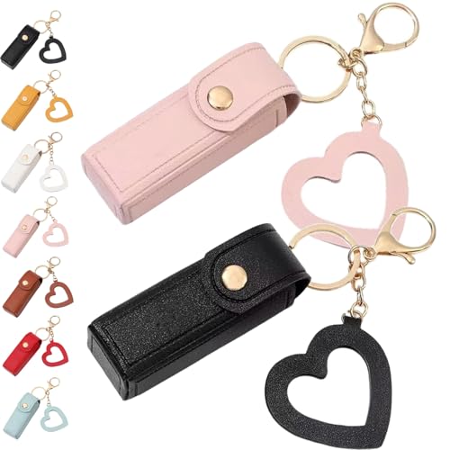 Lippenöl-Schlüsselanhänger – Spiegel & Öl 2-in-1, Mini-Lippenstift-Etui mit Schlüsselanhänger und Herz-Anhänger, Damen-Lippenstift-Organizer-Halter mit Spiegel, PU-Leder, für Reisen, Party von Generisch