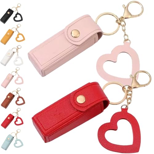 Lippenöl-Schlüsselanhänger – Spiegel & Öl 2-in-1, Mini-Lippenstift-Etui mit Schlüsselanhänger und Herz-Anhänger, Damen-Lippenstift-Organizer-Halter mit Spiegel, PU-Leder, für Reisen, Party von Generisch