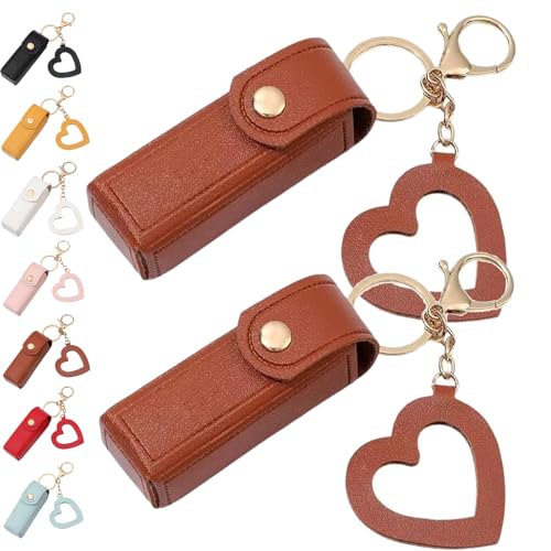 Lippenöl-Schlüsselanhänger – Spiegel & Öl 2-in-1, Mini-Lippenstift-Etui mit Schlüsselanhänger und Herz-Anhänger, Damen-Lippenstift-Organizer-Halter mit Spiegel, PU-Leder, für Reisen, Party von Generisch