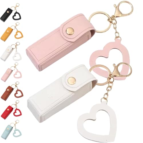 Lippenöl-Schlüsselanhänger – Spiegel & Öl 2-in-1, Mini-Lippenstift-Etui mit Schlüsselanhänger und Herz-Anhänger, Damen-Lippenstift-Organizer-Halter mit Spiegel, PU-Leder, für Reisen, Party von Generisch