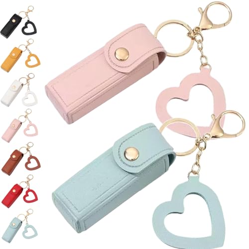 Lippenöl-Schlüsselanhänger – Spiegel & Öl 2-in-1, Mini-Lippenstift-Etui mit Schlüsselanhänger und Herz-Anhänger, Damen-Lippenstift-Organizer-Halter mit Spiegel, PU-Leder, für Reisen, Party von Generisch