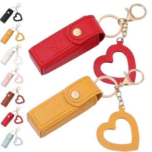 Lippenöl-Schlüsselanhänger – Spiegel & Öl 2-in-1, Mini-Lippenstift-Etui mit Schlüsselanhänger und Herz-Anhänger, Damen-Lippenstift-Organizer-Halter mit Spiegel, PU-Leder, für Reisen, Party von Generisch