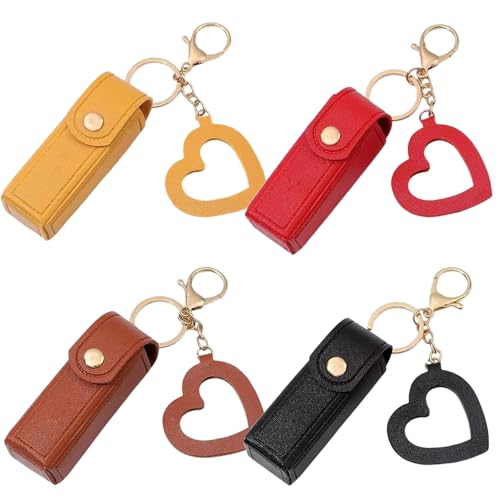 Lippenöl-Schlüsselanhänger – Spiegel & Öl 2-in-1, Mini-Lippenstift-Etui mit Schlüsselanhänger und Herz-Anhänger, Damen-Lippenstift-Organizer-Halter mit Spiegel, PU-Leder, für Reisen, Party von Generisch