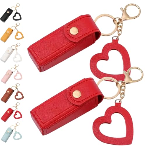 Lippenöl-Schlüsselanhänger – Spiegel & Öl 2-in-1, Mini-Lippenstift-Etui mit Schlüsselanhänger und Herz-Anhänger, Damen-Lippenstift-Organizer-Halter mit Spiegel, PU-Leder, für Reisen, Party von Generisch