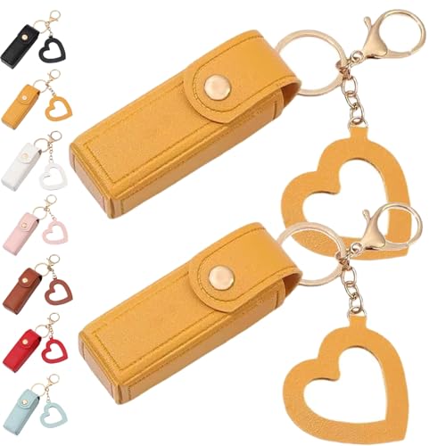 Lippenöl-Schlüsselanhänger – Spiegel & Öl 2-in-1, Mini-Lippenstift-Etui mit Schlüsselanhänger und Herz-Anhänger, Damen-Lippenstift-Organizer-Halter mit Spiegel, PU-Leder, für Reisen, Party von Generisch
