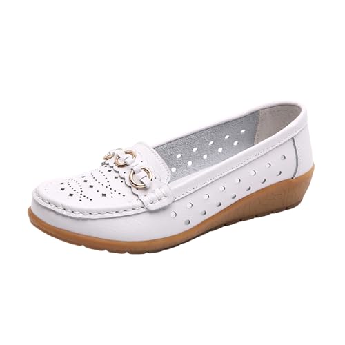 Loafer Damen Halbschuhe Mokassins Slipper Flach Bequeme Elegant Mary Jane Plateau Breite Füße Lederschuhe Ketten Chunky Loafers Slip On mit Dicker Sohle Walkingschuhe (White, 42) von Generisch