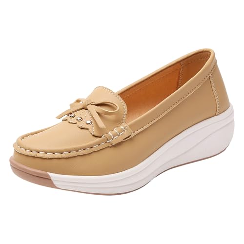 Loafer Damen Mokassins Flach Halbschuhe Lederschuhe Slipper Slip On Mary Jane Freizeitschuhe Bequeme Elegant Casual Classic Walkingschuhe Business-Schuhe mit Dicker Sohle (Khaki, 44) von Generisch