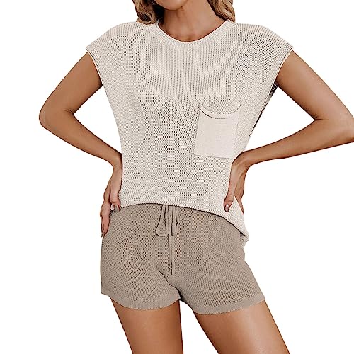 Locker Elastisch Damen Kurzarm Freizeitanzug In Übergröße Mit Taschen Einfarbig Strickoberteil Komfort Lockere Kurze Hose Zweiteilige Outfits Für Bequem Sets Shorts Jogginganzug (Beige, M) von Generisch