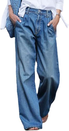 Lockere Jeans Mit Weitem Bein Für Damen Klassische Jeans Mit Hoher Taille Und Reißverschlussknopf Lässige Jeans Für Damen Street Fashion Vielseitige Gerade Jeans (Blau,M) von Generisch