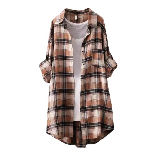 Lockeres Langes Karierte Bluse Damen Kurzarm Kuschelige Strickjacke Bluse Damen Langarm Kariert Damen Sommer Einfarbig Lose Plus Größe Langes Hemd Top Baumwolle Textur Langarm-T-Shirt (Khaki, XXL) von Generisch