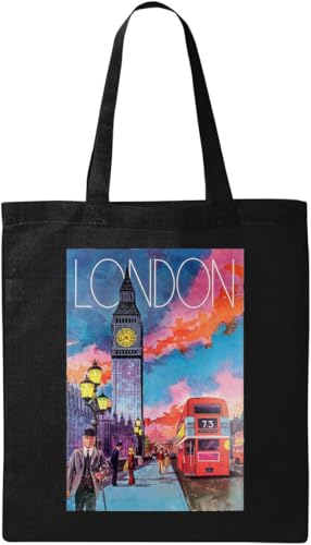 London England Big Ben Red Bus Retro-Stil Poster Natürliche ökologische Baumwolle Tragetasche Schwarz, Schwarz , Einheitsgröße London England Big Ben Red Bus Retro-Stil Poster Natürliche ökologische Baumwolle Tragetasche Schwarz, Schwarz , Einheitsgröße von Generisch