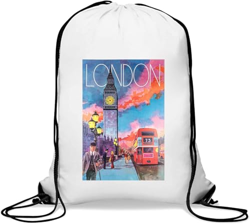London England Big Ben Red Bus Retro Style Poster Gym Sack Casual Drawstring Bag White London England Big Ben Red Bus Retro Style Poster Gym Sack Casual Drawstring Bag White von Generisch