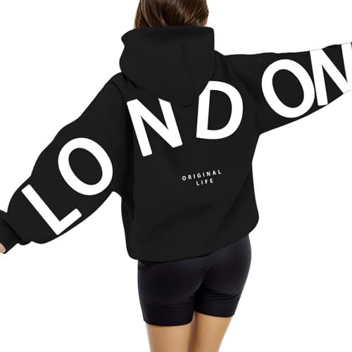 London Hoodie Damen Modisch Briefe Pullover Oversize Backprint Langarm Kapuzenpullover übergroße Lockere Sweatjacke Rundhals Kapuzenpulli mit Taschen Outdoor Sport Kapuzenjacke von Generisch
