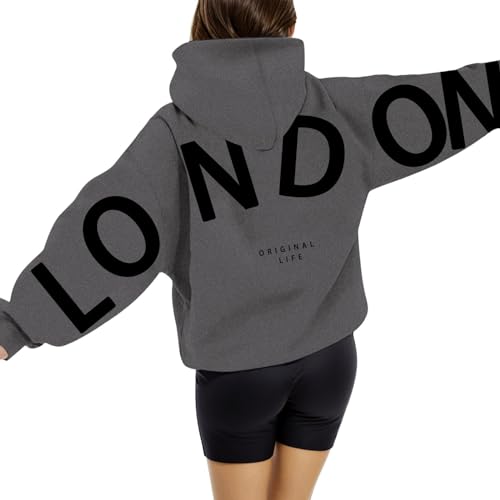 London Hoodie Damen Modisch Briefe Pullover Oversize Backprint Langarm Kapuzenpullover übergroße Lockere Sweatjacke Rundhals Kapuzenpulli mit Taschen Outdoor Sport Kapuzenjacke von Generisch