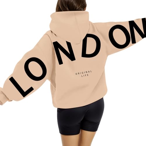 London Hoodie Damen Modisch Briefe Pullover Oversize Backprint Langarm Kapuzenpullover übergroße Lockere Sweatjacke Rundhals Kapuzenpulli mit Taschen Outdoor Sport Kapuzenjacke von Generisch