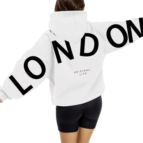 London Hoodie Damen Modisch Briefe Pullover Oversize Backprint Langarm Kapuzenpullover übergroße Lockere Sweatjacke Rundhals Kapuzenpulli mit Taschen Outdoor Sport Kapuzenjacke von Generisch