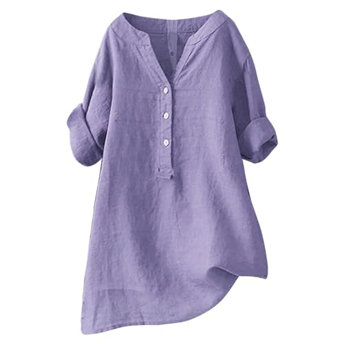 Longbluse Damen Sommer 2025 Button-Down Bluse Übergröße Musselin Bluse Damen Leinenbluse Atmungsaktive Tops Große Größen Asymmetrische Tunika Herbst Lose Lässige Langarmshirts von Generisch