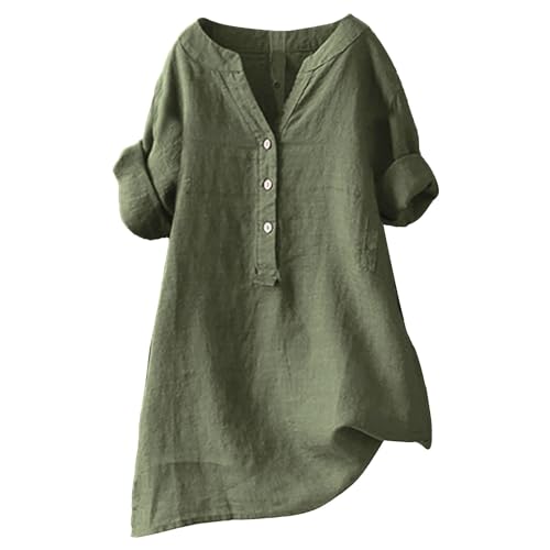 Longbluse Damen Sommer 2025 Button-Down Bluse Übergröße Musselin Bluse Damen Leinenbluse Atmungsaktive Tops Große Größen Asymmetrische Tunika Herbst Lose Lässige Langarmshirts von Generisch