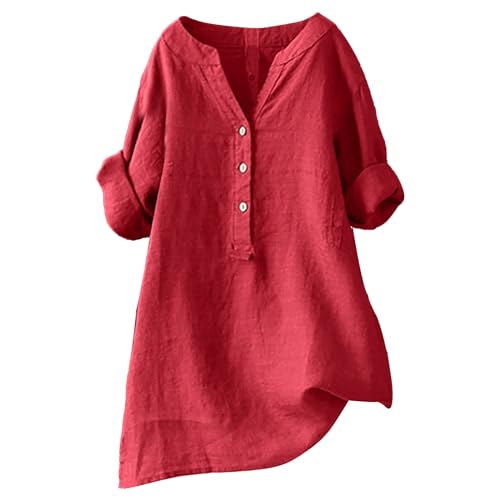 Longbluse Damen Sommer 2025 Button-Down Bluse Übergröße Musselin Bluse Damen Leinenbluse Atmungsaktive Tops Große Größen Asymmetrische Tunika Herbst Lose Lässige Langarmshirts von Generisch